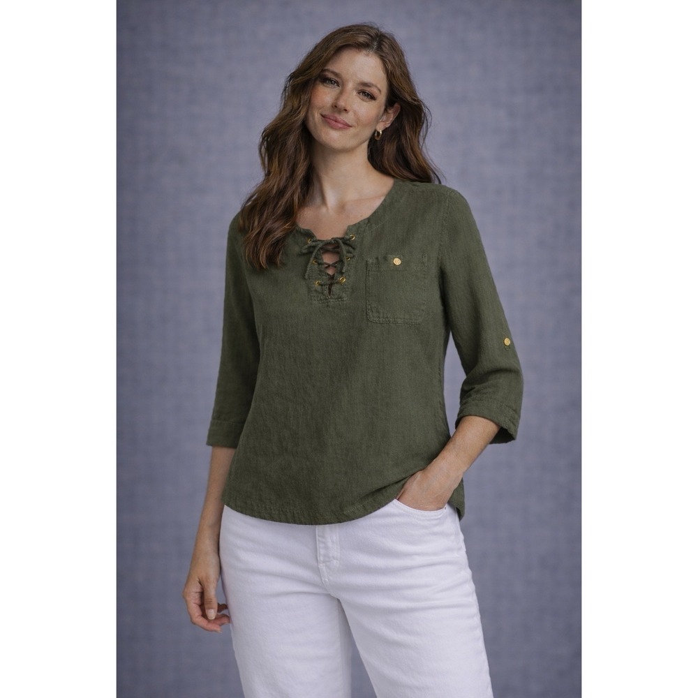 Lauren Ralph Lauren Linen Blouse Olive Green Lace Up Top Womens XL 3/4 Sleeve